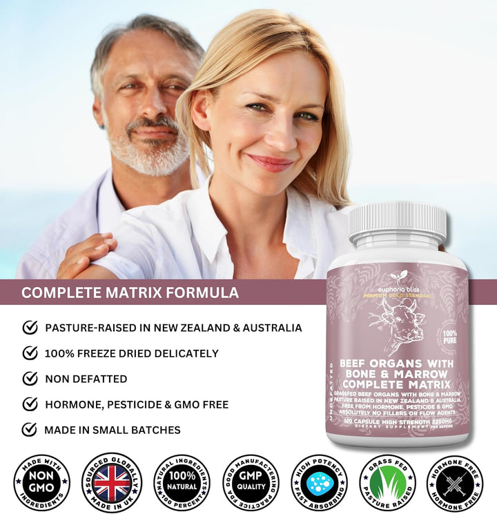 Premium Beef Organs & Bone & Marrow Complex Duo - 120 Capsules Grass-Fed Freeze-Dried Liver, Bone & Marrow, Heart, Kidney, Pancreas, Spleen, Intestine, Tripe/Stomach, No Hormones, Antibiotics or GMO
