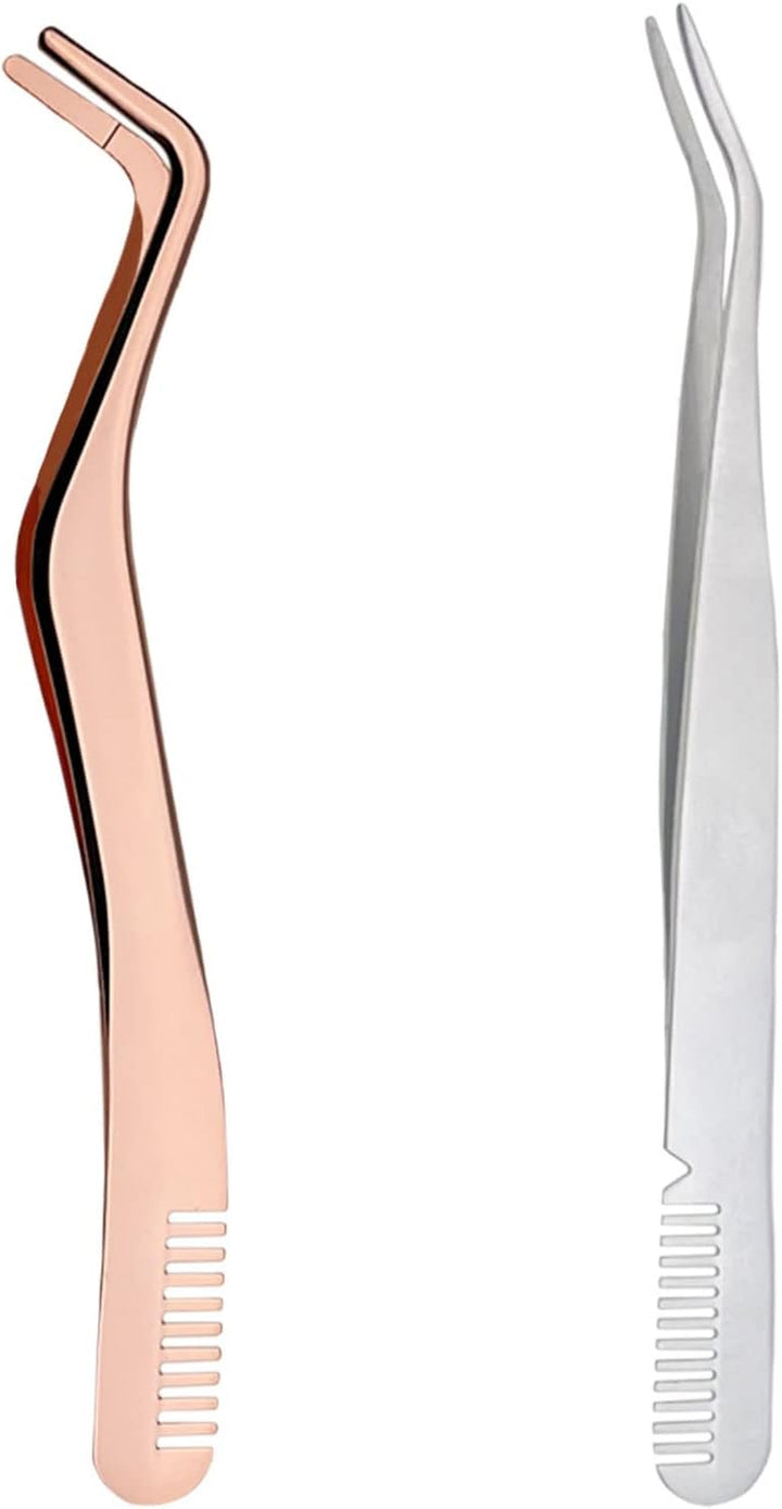 2 Pcs Eyelash Tweezers, Stainless Steel Eyelash Extension Tweezers, Lash Tweezer with Comb