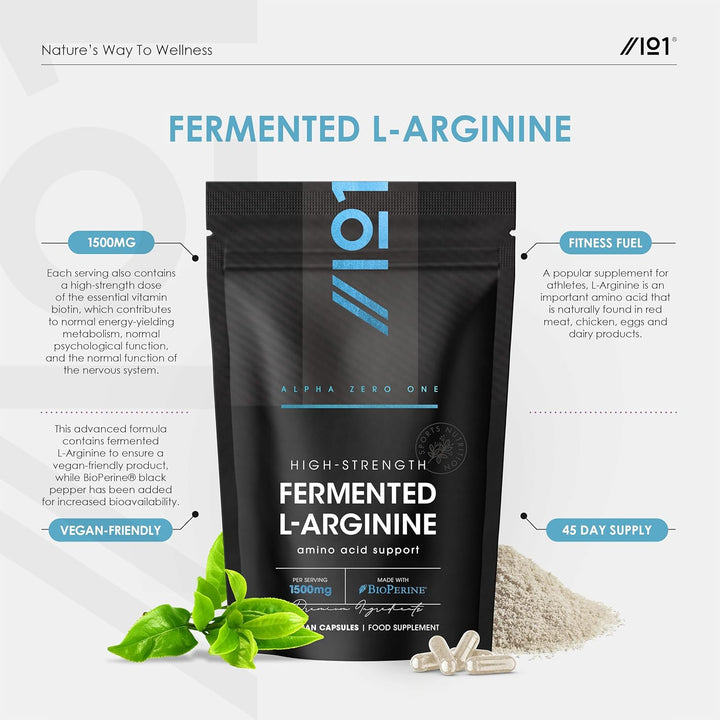 Fermented L-Arginine 1500Mg with Bioperine® & Biotin - 90 Vegan Capsules – High Strength Amino Acid Supplement – Resealable and Recyclable Pouch – by