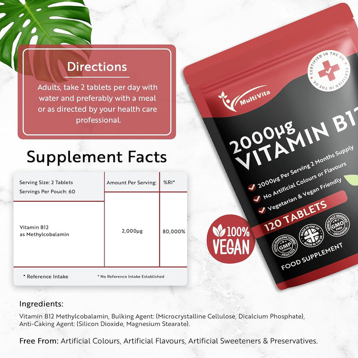 Vitamin B12 Tablets 2000Mcg – High Strength Methylcobalamin Form – 120 Vegan Tablets Not Capsules, 2 Months Supply – Bioavailable & Easy to Swallow – UK Made Non-Gmo, Gluten-Free, Dairy-Free