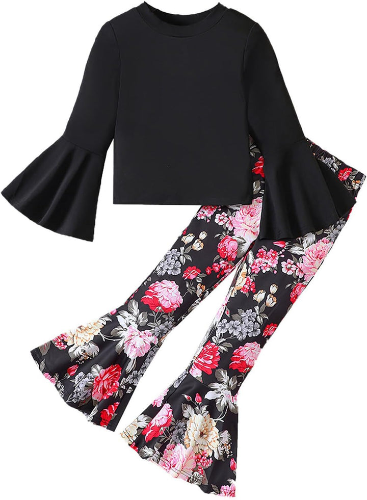 Toddler Girls Long Sleeve Black Tops and Floral Print Pants 2PCS Outfits Clothes Set for Children Kids
