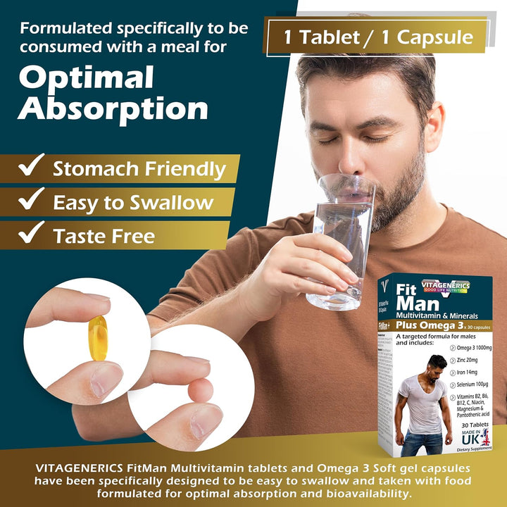 VITAGENERICS  Multivitamin & Minerals plus Omega 3, 30 Tablets plus 30 Capsules, with Zinc, Iron & B Vitamins, Made in UK