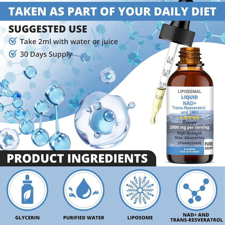 LIPOSOMAL Liquid NAD+ Trans-Resveratrol and TMG Supplement for Cellular Repair & Energy Metabolism, 2000 Mg, 60 Ml