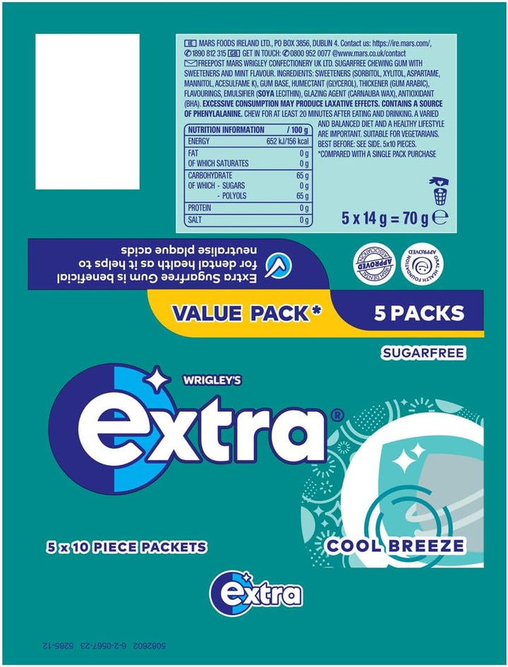 Extra Chewing Gum, Sugar Free, Cool Breeze Flavour, 5 X 10 Pieces