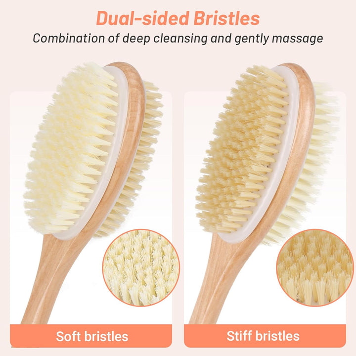Wooden Back Scrubber for Shower with Long Handle, Dual-Sided Bath Brush Body Scrubber with Stiff and Soft Bristles, Exfoliating Body Brush [Dry and Wet Brushing]