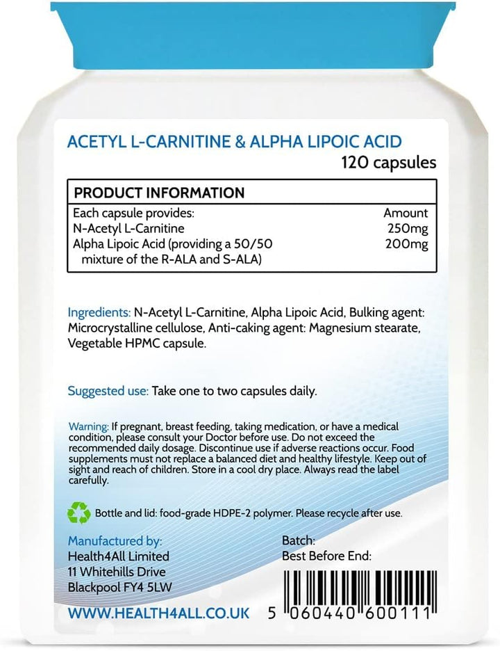 Acetyl L-Carnitine 250Mg & Alpha Lipoic Acid 200Mg 120 Capsules, Vegan ALCAR & ALA Supplement for Brain Health, Memory, Focus and Mental Clarity | Made in UK