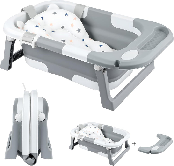 Foldable Baby Bathtub – Portable Collapsible Infant Tub with Seat Support & Heat-Sensitive Drain – Newborn to Toddler (0-36 Months) – Safe, Non-Slip & Space-Saving (Grey)