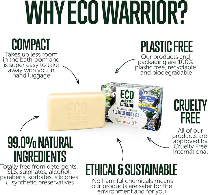 Eco Warrior Men'S Edit All over Body Soap Bar | Vegan, Natural, Cruelty-Free, Eco Friendly | Free from SLS or Parabens | Nourishing Mens Soap with Shea Butter and Essential Oils | Mens Gifts, 100G
