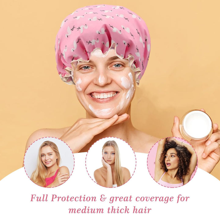 Pack of 2 | Shower Caps for Women, Double Layers Waterproof Bath Caps with Elastic Band, Reusable Shower Hat for Keeping Hair Dry Kitchen Oil-Proof Cap for Adults and Children