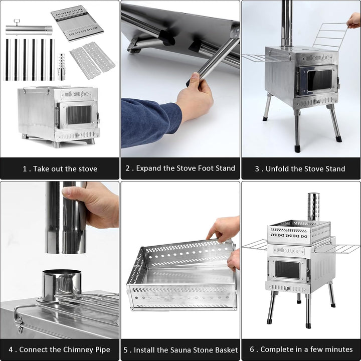 Outdoor Sauna Hot Tent Stove, Rocket Stove Heater, Portable Camping Wood Stove for Dry Sauna, Cooking for Husband and Friends