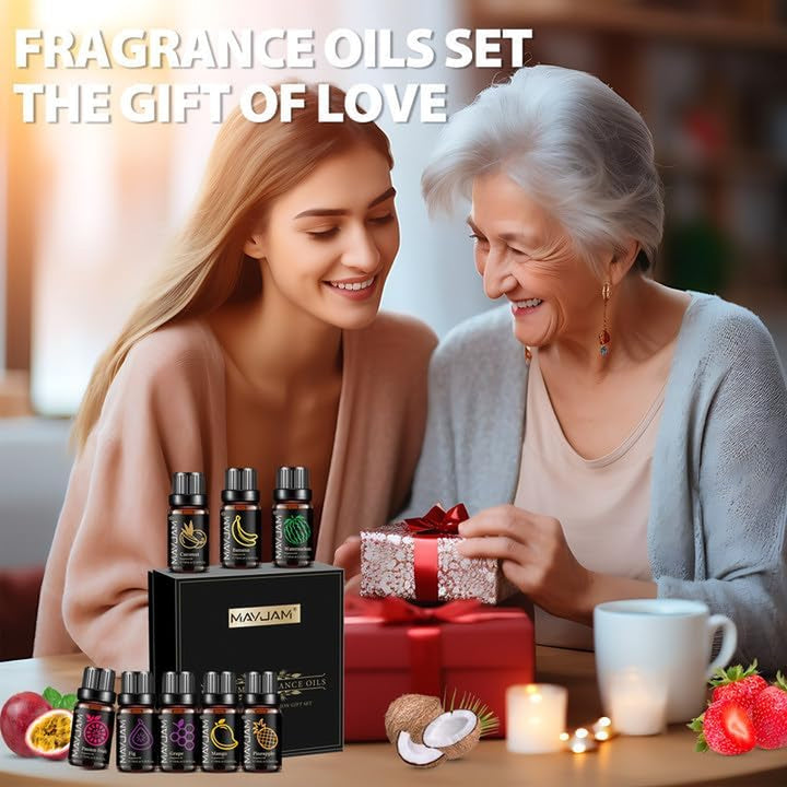 Fruity Fragrance Oil Set 8 X 10ML, Essential Oils Set for Diffuser - Aromatherapy, DIY - Mango, Passion Fruit, Strawberry, Watermelon, Coconut, Pineapple, Banana, Grape