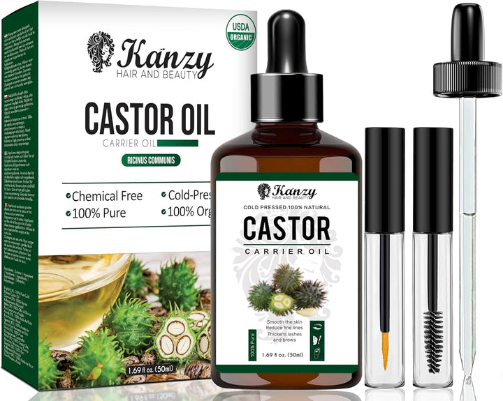 Organic Castor Oil for Eyelashes and Eyebrow Growth 100Ml Cold Pressed Castor Oil for Hair Growth, Nails & Skin, 100% Natural Castor Oil - Glass Bottle + Pipette + Eyelash & Eyebrow Brush
