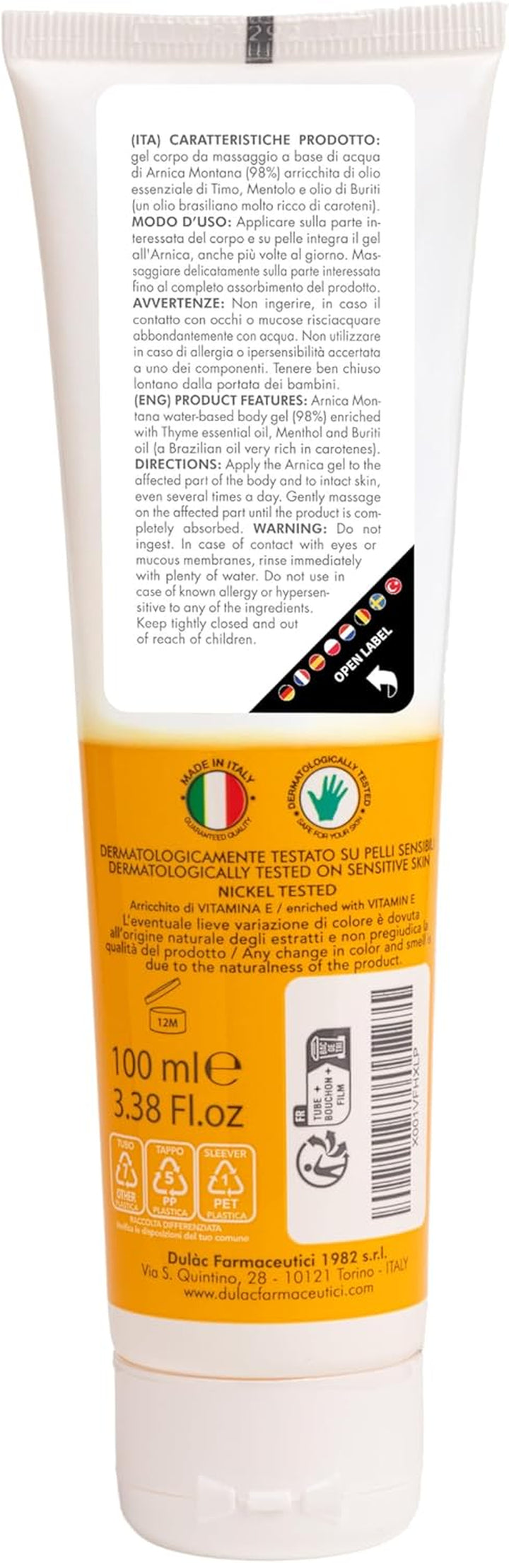 Dulàc, 98% Arnica Gel with Buriti Oil, Thyme and Menthol, for Massaging the Skin of Muscles and Joints, Dermatologically Tested, Nickel Tested, Made in Italy, 100 Ml
