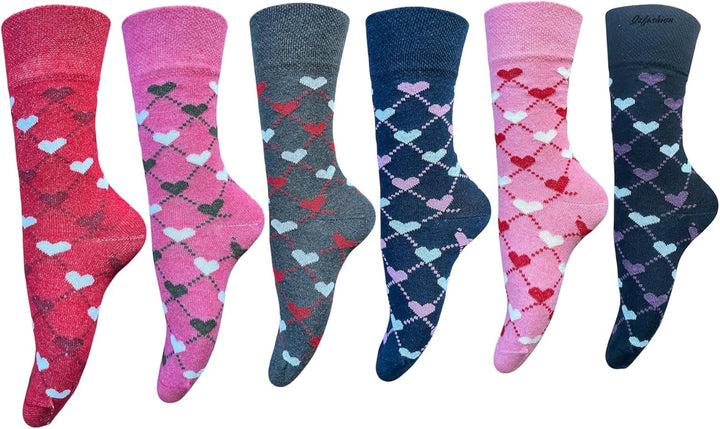 6 Pairs Ladies Loose-Top Non-Elastic Socks, (Pack of 6) COTTON, Bright Colours Diabetic Socks UK Size 4-7, EUR Size 37-42