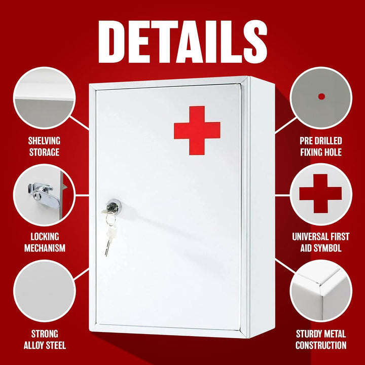 First Aid Medical Cabinet - Use at Home, Office, School, Lab, Medicine Kit | Wall Mounted with Fixings Included | Child Proof & Comes with 2 Keys