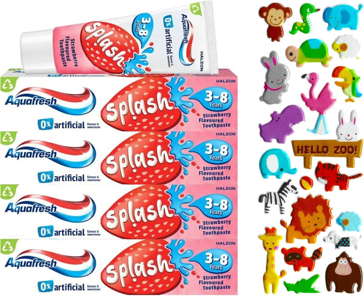 4 Pack Bundle Multipack - Aquafresh Splash Toothpaste 3-8 Years Strawberry 50Ml - 4 Pack. a  Bundle with Our Free Puffy Sticker Sheet (Sticker Sheets Are Selected at Random) Kids Toothpaste.