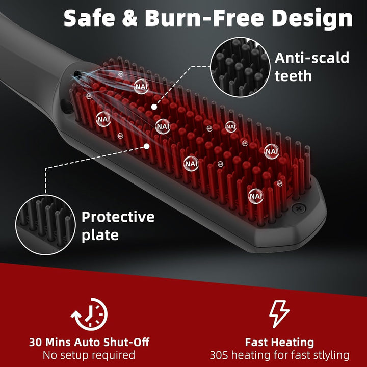 Beard Straightener Comb for Men, Professional Beard Hair Straightening Heated Brush W/Anti-Scald, 3 Temperatures & LCD Display, Portable Ionic Hot Comb with Travel Bag, Gifts for Men