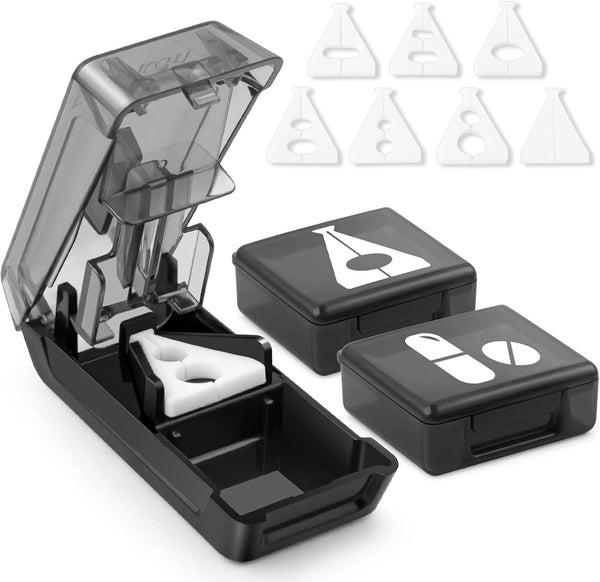 Pill Cutter for Small or Large Pills, Splitter with V-Shape Holder, Medicine Slicer with Sharp Blade, Two Large Organizers - Black