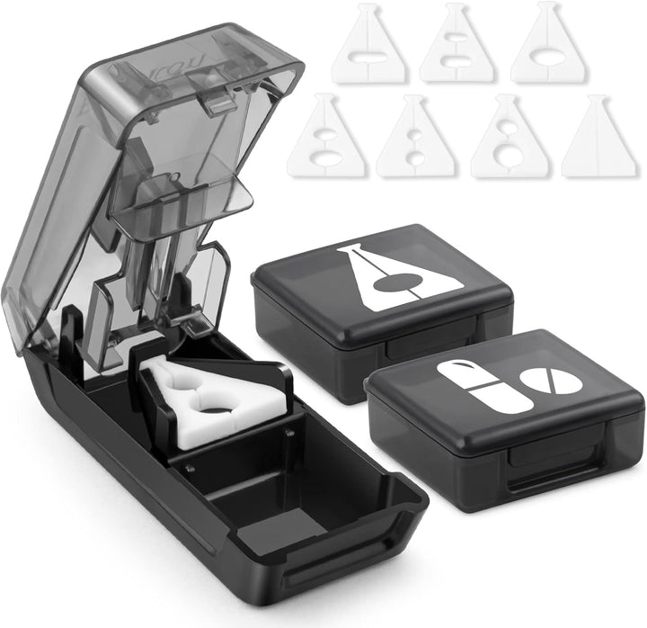 Pill Cutter for Small or Large Pills, Splitter with V-Shape Holder, Medicine Slicer with Sharp Blade, Two Large Organizers - Black