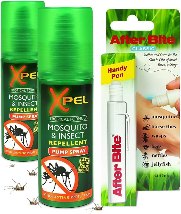 Mosquito & Insect Repellent Spray (2 Pack) + after Bite Pen – Tropical Formula for Bite & Sting Relief – Fast-Acting, Anti-Itch, Soothing, Cooling – Travel Size 3-Pack Bundle