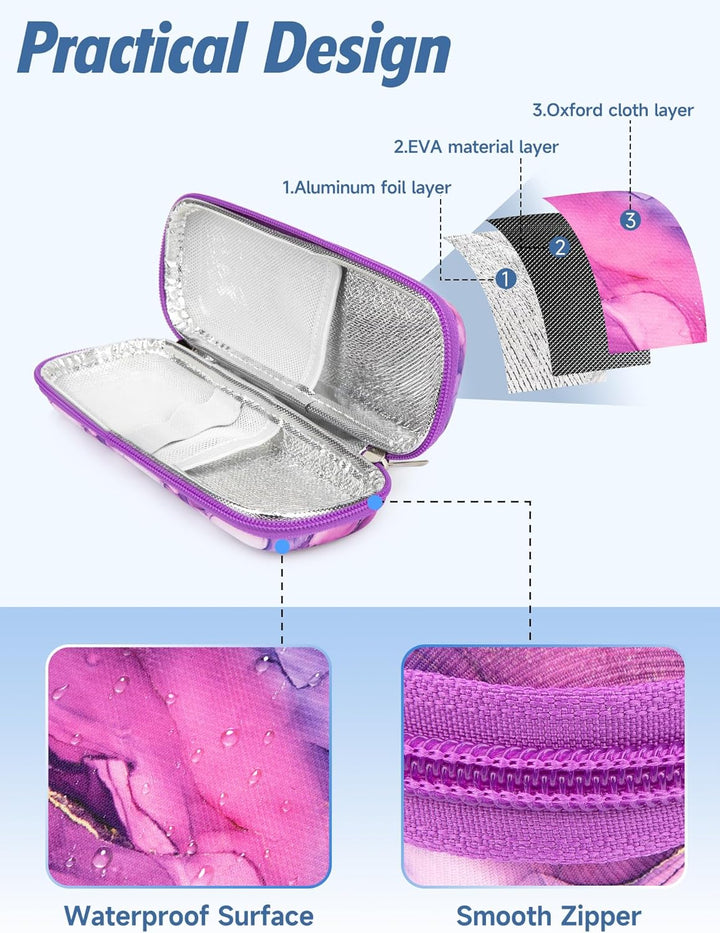 Manjaro Travel Case - Insulin Cooler Travel Case with 2 Ice Packs, Medication Cooler Bag for Fridge, Keep Medicine Cool While Traveling for Diabetic Supplies (Marble Purple)
