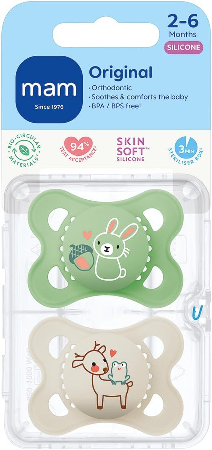 Original Soothers | 0-6 Months | 2 Pack | Comes in Dummy Steriliser Case | Sustainable Materials | Baby Accessories for Newborn | Cream/Green (Various Designs)