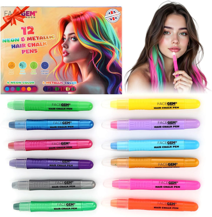 12 Hair Chalks, 12 NEON & METALLIC Hair Chalk, Non-Toxic Easy Washable Hair Dye Colourful, METALLIC & NEON Hair Chalk - Perfect for Festivals, Halloween, Parties, Hair Chalks for Girls