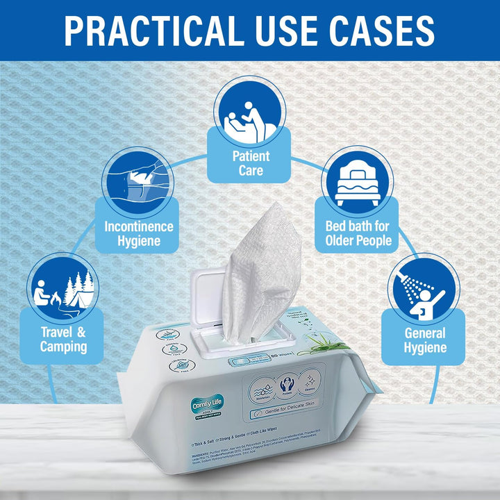 Premium Full Body Cleansing Wet Wipes for Adults - Large Luxury Fresh-Feel Rinse-Free Fragrance-Free Bed Bath Intimate-Care Soft Sheets (1 Pack (80 Wipes)