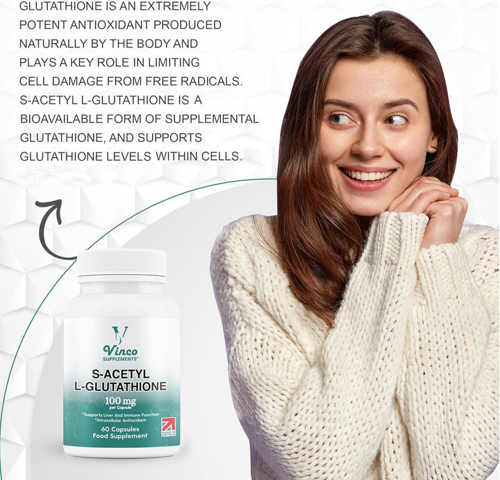 Vinco S-Acetyl L-Glutathione Supplement, 60 L-Glutathione Capsules, Antioxidant Supplement, Support Immune System & Neuron Health- 100Mg per Serving, Protects Liver Function - Non-Gmo & Gluten Free