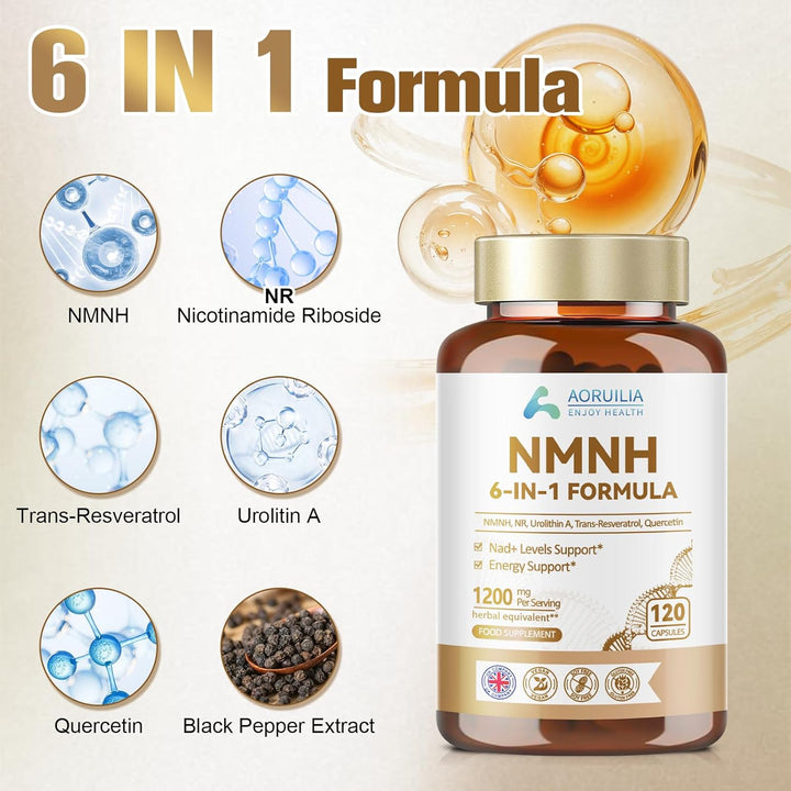NMNH Supplement 1200Mg, 6 in 1 NAD Alternative & Trans-Resveratrol Superior Antioxidant Blend with Max Absorption for NAD+ Booster & Energy Support, 120 Capsules