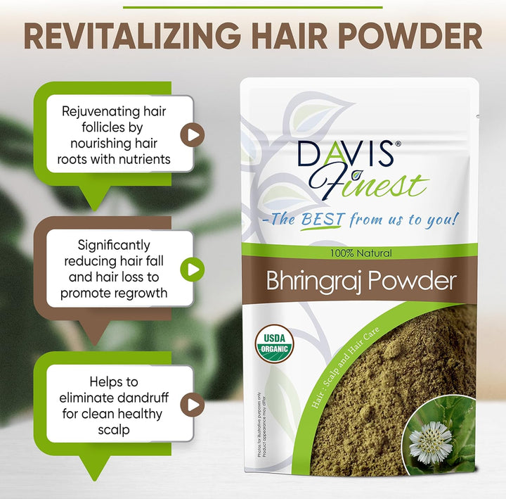 Organic Bhringraj Powder 100G, Healthy Scalp, Hair Growth, Pure & Natural Essential Ayurvedic Hair Mask for Hair Loss, Hair Fall, Split Ends, Damaged Thinning Hair