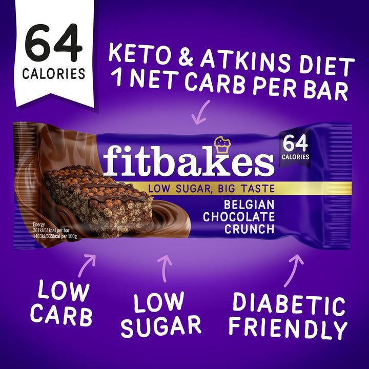 64 Calories Belgian Chocolate Mini Bars (12X19G) Diabetic Chocolate Keto Snack, 1 Net Carb Low Sugar Crunch Cake, Diabetic Sweets Biscuits, Low Calorie Snack, No Added Sugar, Fitbakes