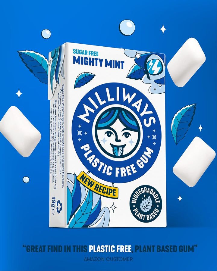 Mighty Mint Chewing Gum, Plastic Free, Sugar Free, Aspartame Free, Natural | 12 Packs of 10 Pieces (120 Pieces Total) | Xylitol, Plant-Based, Biodegradable