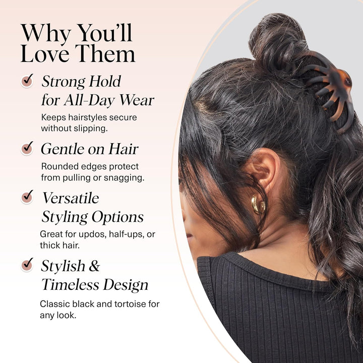 Hair Clip Octopus Style - Secure Hold Large Claw Clip, Hair Claw Clips for Thick Hair, Hair Accessories for Women, Hair Accessories for Girls, Hair Clips for Women, Black & Tortoise, 2Pcs