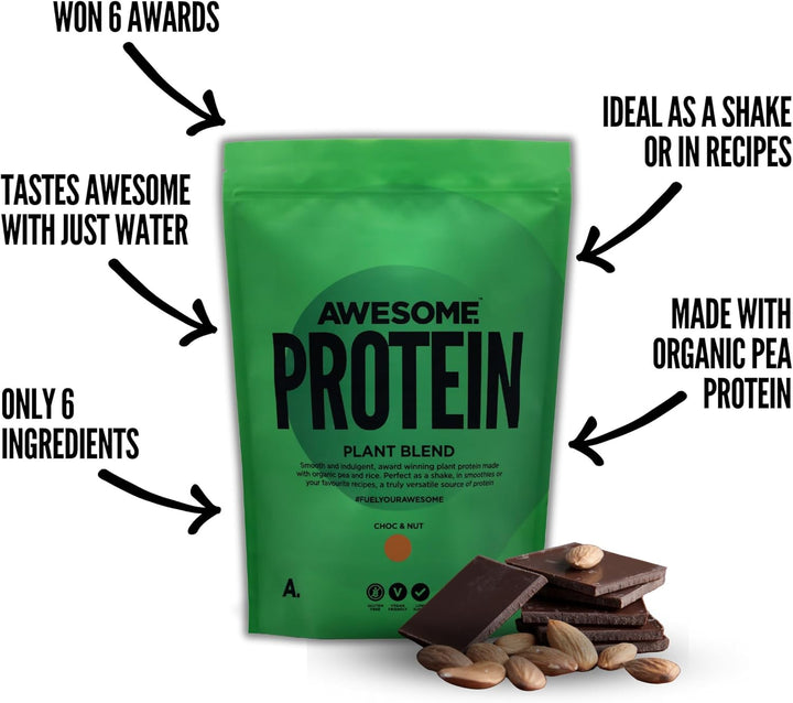 Awesome Supplements – Vegan Protein Powder – Organic 1KG – High Protein Plant-Based Powder – 21,6 G Protein per Serving – Low Calorie, Low Sugar – Pea Protein, Organic Protein (1 KG, Choc & Nut)