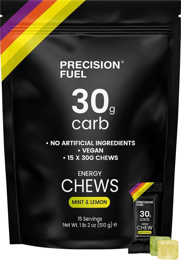 Precision Fuel 30 Energy Chews - High Carb,Lightweight Snack for Endurance Sports,30G Carbs per Serving,Ideal for Running & Cycling,No Artificial Ingredients - Original and Mint Lemon (4 X 34G Chews)