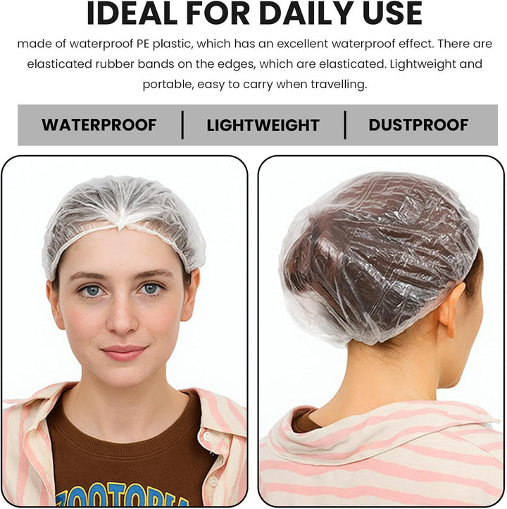 100PCS Disposable Shower Caps,Waterproof Hair Caps,Multi-Purpose Thickened Plastic Elastic Bath Caps for Women, Home Use,Hair Salon, Spa, Travel, Hotel, Shower（White）