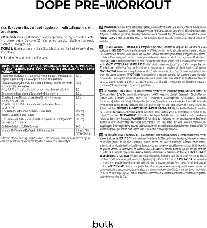 Dope Pre-Workout Powder | Blue Raspberry | 3G Creatine per Serving | 200Mg Caffeine | Citrulline Malate & Arginine AKG | Beta-Alanine | Energy, Focus & Performance | 510G Supplement
