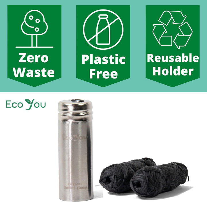 Eco Floss | 2 Charcoal Dental Floss Refills + Dental Floss Holder | Mint & Candelilla Wax | Bamboo Floss