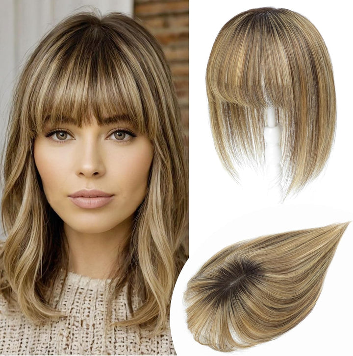 Hair Toppers for Women Human Hair Topper Clip in Fringe Hand-Woven Swiss Base Hair Topper (Ombre Light Brown with Blond Highlight)