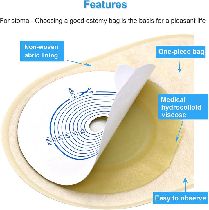One Piece Ostomy Bag, Drainable Pouches Colostomy Ostomy Care Bag Incontinence Bags for Ileostomy Care Supplies, Cut to Fit 20-65Mm(Pack of 10)