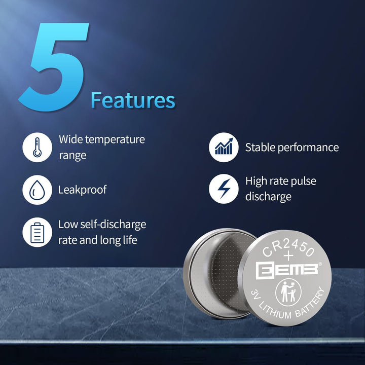 5 PACK CR2450 Battery 3V Lithium Battery 2450 Button Coin Cell Batteries DL2450, ECR2450, BR2450 for Watch Tea Lights Votive Candles Alarm System Car Key Fob Remote Control Calculators Toys Games