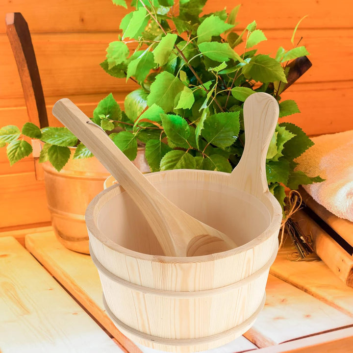 2Pcs Sauna Wooden Bucket and Ladle Set Sauna Water Bucket Wood Ladle Kit Barrel Set Sauna Steam Water Accessories (Neutral Style)
