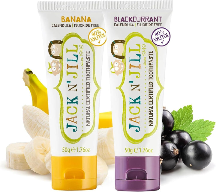 Jack N’ Jill Natural Certified Kids Toothpaste – Fluoride-Free Toddler & Baby Toothpaste with 40% Xylitol, No Sugar, Suitable from 6 Months+, Banana & Strawberry Flavour, Pack of 2 (50G Each)