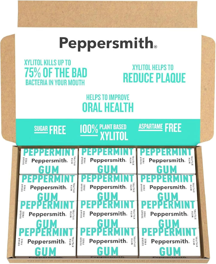 - British Peppermint Chewing Gum - Vegan Friendly - 100% Xylitol Plant Based Sweetener - Fresh Breath - Sugar Free Gum - Benefits Oral Health - Pocket Packs - 12X15G