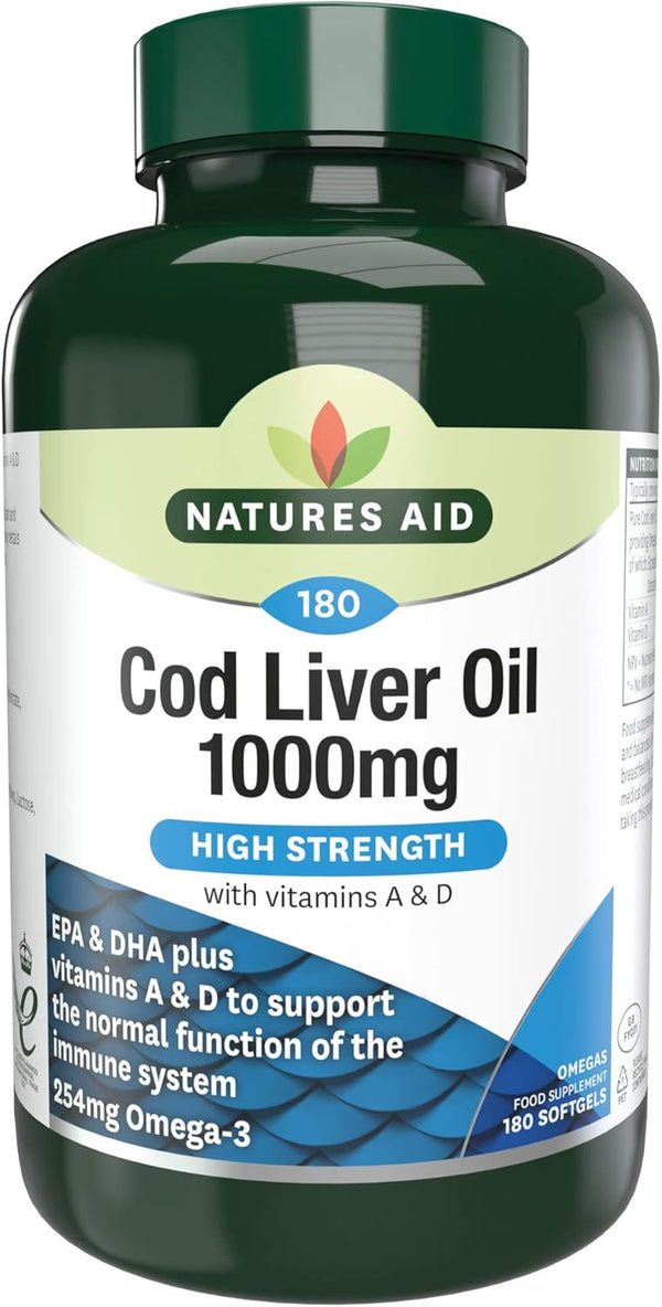Cod Liver Oil 1000Mg Softgels – High Strength Omega-3 Fish Oil with Vitamins a & D – Supports Immune System, Heart Health, Brain, Vision, Joints – Non-Gmo – 180 Capsules