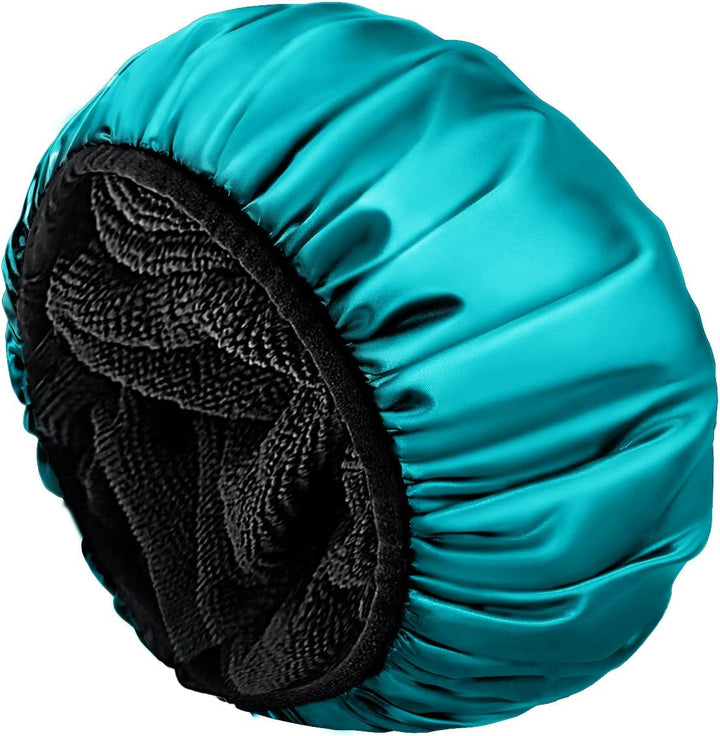 Shower Cap,Extra Large Triple Layer Bathing Cap with Dry Hair Function for Women Microfiber Terry Cloth Silky Satin 100% Waterproof Reusable Long Hair Bath Caps