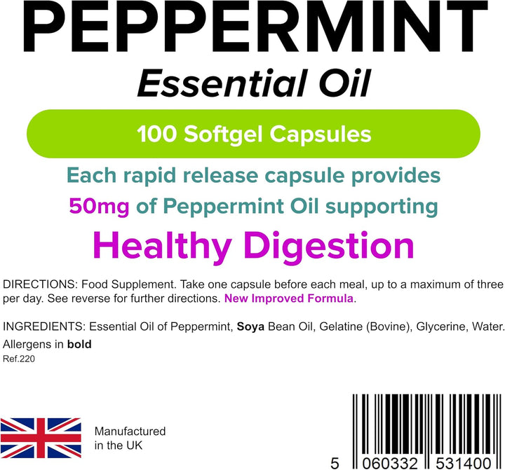 - Peppermint Oil 50Mg Capsules - 100 Pack - UK Made - Essential Oil of Peppermint Supporting Healthy Digestion - Letterbox Friendly