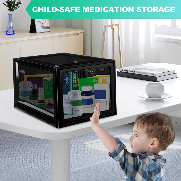 Lockable Medicine Box with Code, 12.6L Large Lockable Storage Box for Medication, Snacks, Phone, and Electronics - Bpa-Free, Clear Design with Charger Holes for Home, Office, Dorm, and Fridge