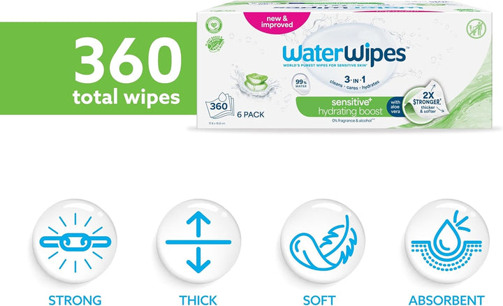 Sensitive+ Hydrating Boost Wipes, 360 Count (6 Packs), 3-In-1 Cleans, Cares, Hydrates, 99% Water with Aloe Vera, Unscented Baby Wipes